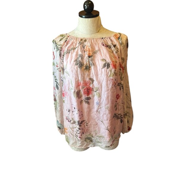 Pronto Moda Pink Long Sleeve Boho Silk Blouse Floral SILK ITALY Sz L - Picture 1 of 8